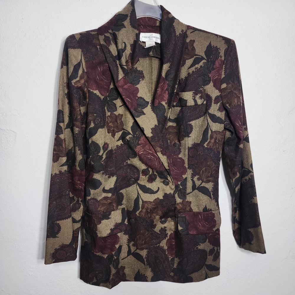 Casual Corner Blazer 10 unique collar Brown Floral Paisley Double Breasted 90s